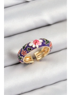 ® Pirinç Mor Mineli Çiçek Motifli Gold Renk Ayarlanabilir Kadın Yüzük