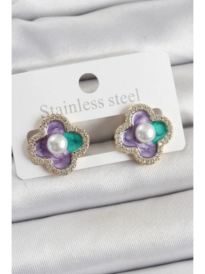 ® Pirinç Mor Mineli İnci Detaylı Zirkon Taşlı Sanatsal Portre Yonca Model Gold Renk Kadın Küpe