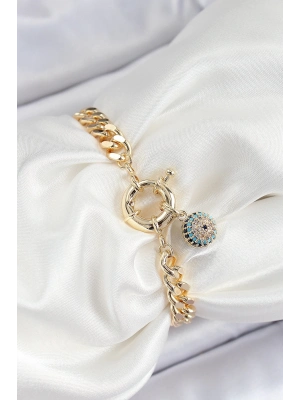 ® Pirinç Nazar Model Zirkon Taşlı Gold Renk VİP Seri Kadın Bileklik