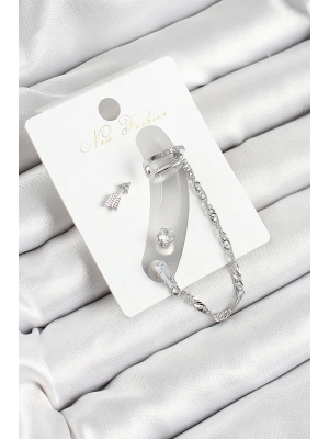® Pirinç Ok Figürlü Zirkon Taşlı Gümüş Renk 3lü Kıkırdak Kadın Küpe Set