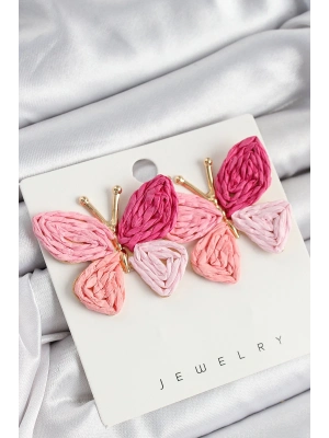 ® Pirinç Pembe Kelebek Model Gold Renk Kadın Hasır Küpe