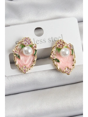 ® Pirinç Pembe Mineli İnci Detaylı Sanatsal Portre Model Gold Renk Kadın Küpe