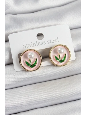 ® Pirinç Pembe Mineli Lale Figürlü Sanatsal Portre Model Gold Renk Kadın Küpe