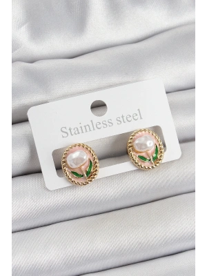 ® Pirinç Pembe Mineli Lale Figürlü Sanatsal Portre Model Gold Renk Kadın Küpe