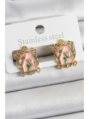 ® Pirinç Pembe Mineli Sanatsal Portre Model Gold Renk Kadın Küpe