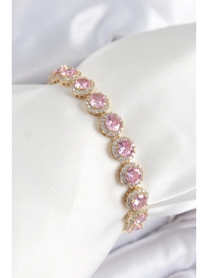 ® Pirinç Pembe Zirkon Taşlı Daire Baget Model Gold Renk VIP Seri Kadın Bileklik