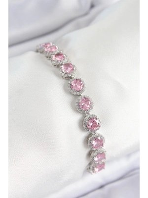 ® Pirinç Pembe Zirkon Taşlı Daire Baget Model Gümüş Renk VIP Seri Kadın Bileklik