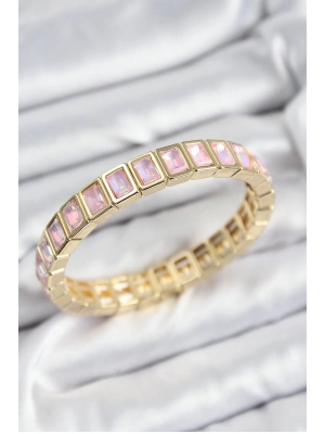 ® Pirinç Pembe Zirkon Taşlı Dikdörtgen Model Gold Renk Lastikli Kadın Bileklik