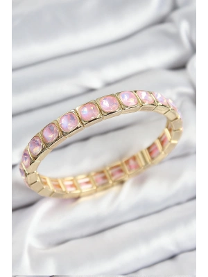 ® Pirinç Pembe Zirkon Taşlı Kare Model Gold Renk Lastikli Kadın Bileklik
