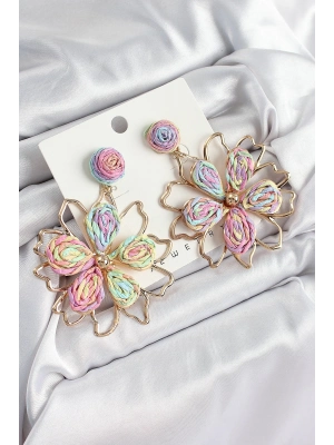 ® Pirinç Rainbow Çiçek Model Gold Renk Kadın Hasır Küpe