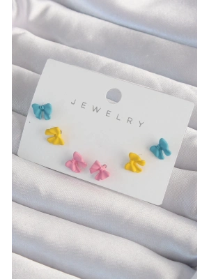 ® Pirinç Rengarenk Mineli Minimal Fiyonk Küpe Seti