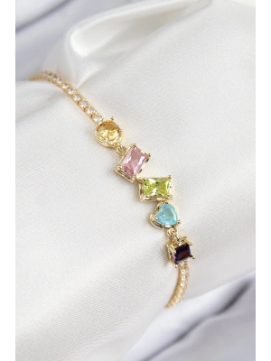 ® Pirinç Renkli Zirkon Taşlı Geometrik Model Gold Renk Kadın Bileklik