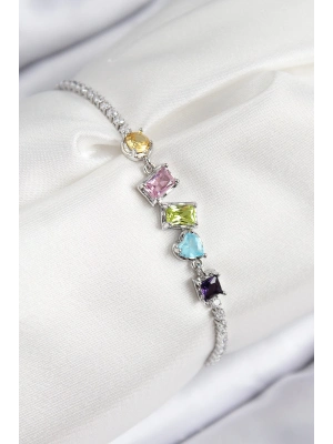 ® Pirinç Renkli Zirkon Taşlı Geometrik Model Gümüş Renk Kadın Bileklik