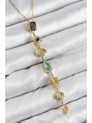 ® Pirinç Renkli Zirkon Taşlı Model Gold Renk 7 Element Kadın Y Kolye