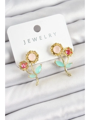 ® Pirinç Renkli Zirkon Taşlı Papatya Model Gold Renk Kadın Küpe