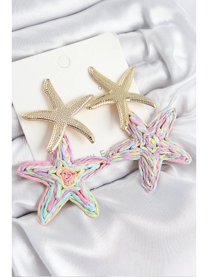 ® Pirinç Sallantılı Rainbow Deniz Yıldızı Model Gold Renk Hasır Küpe