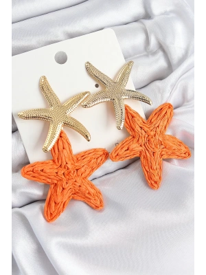 ® Pirinç Sallantılı Turuncu Deniz Yıldızı Model Gold Renk Hasır Küpe