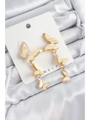 ® Pirinç Sedef Sallantılı Mermer Desenli Kelebek Model Gold Renk Vintage Kadın Küpe