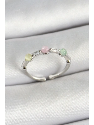 ® Pirinç Sıralı Boncuk Figürlü Zirkon Taşlı Gümüş Renk Ayarlanabilir Kadın Yüzük