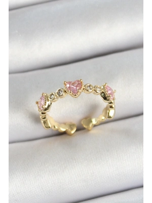 ® Pirinç Sıralı Kalp Figürlü Zirkon Taşlı Gold Renk Ayarlanabilir Kadın Yüzük