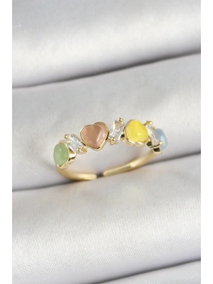 ® Pirinç Sıralı Kalp Figürlü Zirkon Taşlı Gold Renk Ayarlanabilir Kadın Yüzük