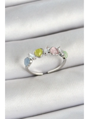 ® Pirinç Sıralı Kalp Figürlü Zirkon Taşlı Gümüş Renk Ayarlanabilir Kadın Yüzük