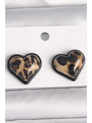 ® Pirinç Siyah Renk Leopar Desen 3D Kalp Model Kadın Küpe