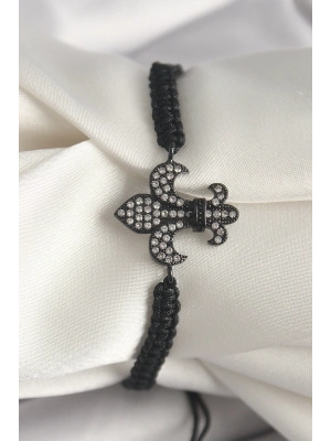 ® Pirinç Siyah Renk Zirkon Taşlı Zambak Figür Asansörlü Makrome Model Kadın Bileklik