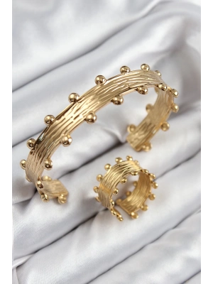 ® Pirinç Topcuk Model Gold Renk Bileklik Yüzük Set