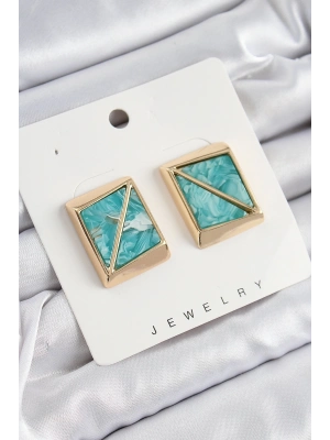 ® Pirinç Turkuaz Üçgen Kesim Detaylı Kare Model Vintage Gold Renk Kadın Küpe