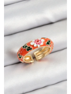 ® Pirinç Turuncu Mineli Çiçek Motifli Gold Renk Ayarlanabilir Kadın Yüzük
