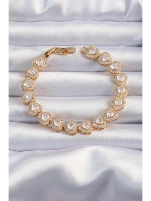 ® Pirinç Vip Seri Gold Renk Zirkon Taşlı Kalp Model Bileklik