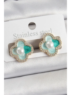 ® Pirinç Yeşil Mineli İnci Detaylı Zirkon Taşlı Sanatsal Portre Yonca Model Gold Renk Kadın Küpe