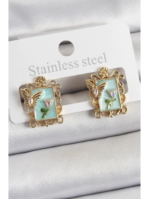 ® Pirinç Yeşil Mineli Sanatsal Portre Model Gold Renk Kadın Küpe