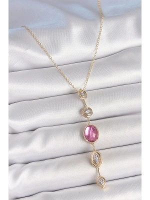 ® Pirinç Zincir Gold Renk Pembe Zirkon Taşlı Y Kolye
