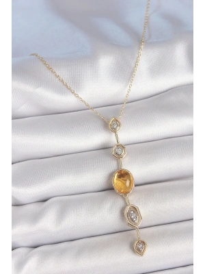 ® Pirinç Zincir Kehribar Sarı Gold Renk  Zirkon Taşlı Y Kolye