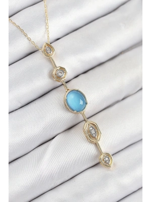 ® Pirinç Zincir Mavi Gold Renk Zirkon Taşlı Y Kolye
