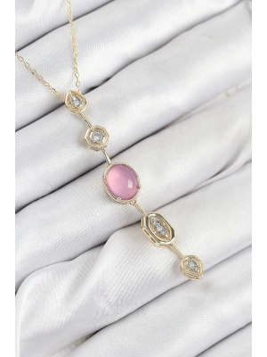 ® Pirinç Zincir Pembe Gold Renk Zirkon Taşlı Y Kolye