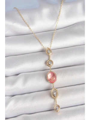 ® Pirinç Zincir Pembe Gold Renk Zirkon Taşlı Y Kolye