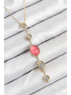 ® Pirinç Zincir Pembe Gold Renk Zirkon Taşlı Y Kolye