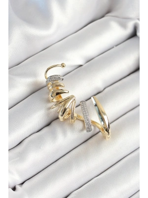 ® Pirinç Zirkon Taş Kaplamalı Sarmal Figürlü Gold Renk Kadın Sağ Kıkırdak Küpe