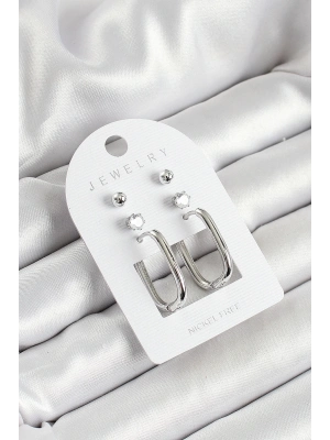 ® Pirinç Zirkon Taş Ve Dikdörtgen Figürlü Gümüş Renk 3lü Çift Kadın Küpe Set