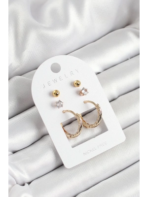 ® Pirinç Zirkon Taş Ve Halka Figürlü Gold Renk 3lü Çift Kadın Küpe Set