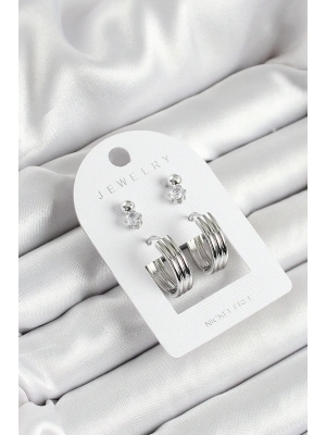 ® Pirinç Zirkon Taş Ve Halka Figürlü Gümüş Renk 3lü Çift Kadın Küpe Set