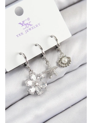 ® Pirinç Zirkon Taşlı 3lü Çiçek Ve İstiridye Model Gümüş Renk Kadın Küpe