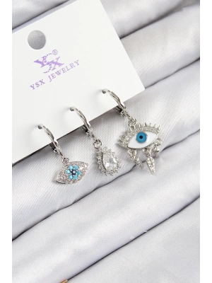 ® Pirinç Zirkon Taşlı 3lü Fatmanın Gözü Model Gümüş Renk Kadın Küpe