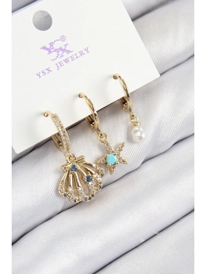 ® Pirinç Zirkon Taşlı 3lü İstiridye Ve Yıldız Model Gold Renk Kadın Küpe
