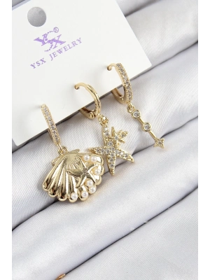 ® Pirinç Zirkon Taşlı 3lü İstiridye Ve Yıldız Model Gold Renk Kadın Küpe