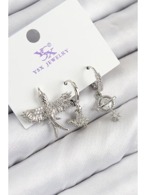 ® Pirinç Zirkon Taşlı 3lü Kuş Model Gümüş Renk Kadın Küpe