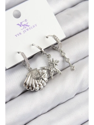 ® Pirinç Zirkon Taşlı 3lü Yıldız Ve İstiridye Model Gümüş Renk Kadın Küpe